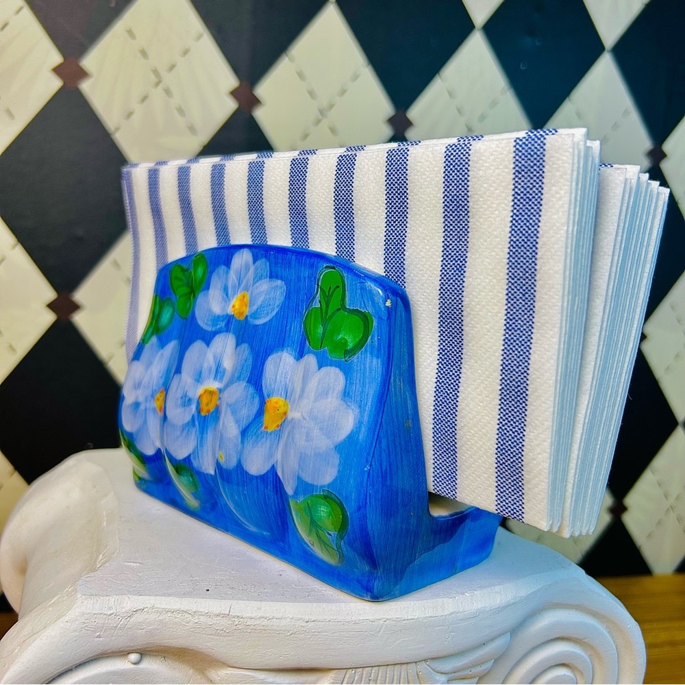 Hand-Painted Ceramic Napkin Holder Blue‎ Floral Cottage Décor - Picture 5 of 9